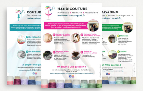 Création de flyers couturière spécialisée Mètre et perroquet